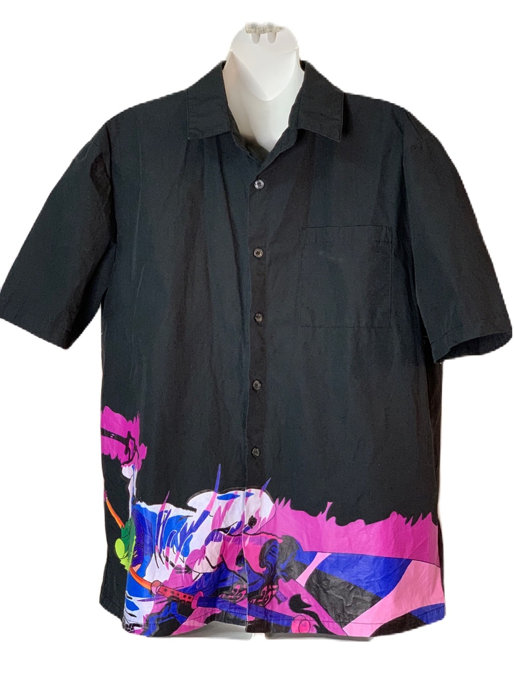 Vees  Black Short-Sleeve Button-Up Shirt with Pink & Blue Graphic SZ Med